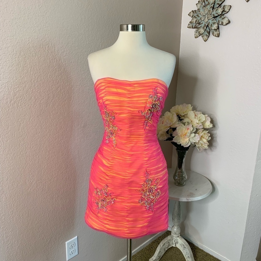 Mori Lee Corset Pink Mesh Beaded Dress